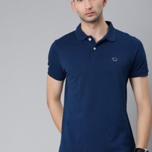 Men Blue Solid Polo Collar Pure Cotton T-shirt - Powerlook
